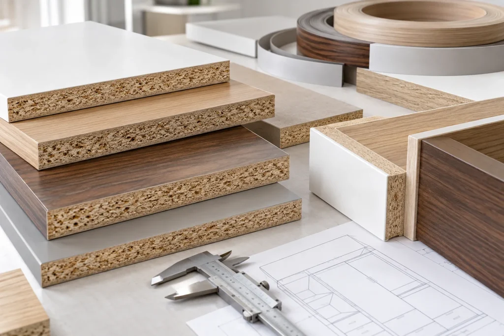 Melamine faced MDF and particleboard samples with exposed engineered wood cores and edge banding for storage cabinets
