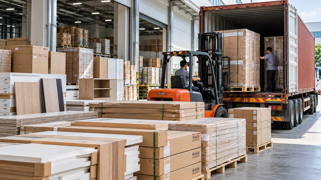 Flat-pack student housing furniture export packaging and container loading for bulk dormitory projects