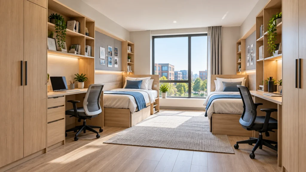Student housing furniture supplier providing twin dormitory beds, study desks, wardrobes and storage furniture