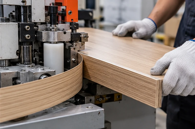 Automatic edge banding process for OEM TV stand panels in furniture manufacturing