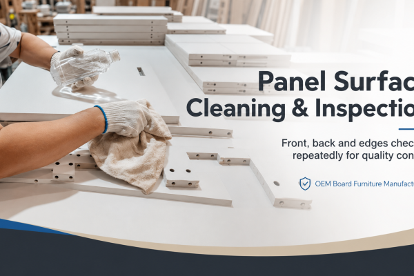 Worker cleaning and inspecting the front, back and edges of furniture panels at an OEM panel furniture factory