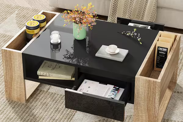 Flat-pack coffee table with storage showing lift-top mechanism, export packaging, and QC checkpoints for OEM/ODM programs