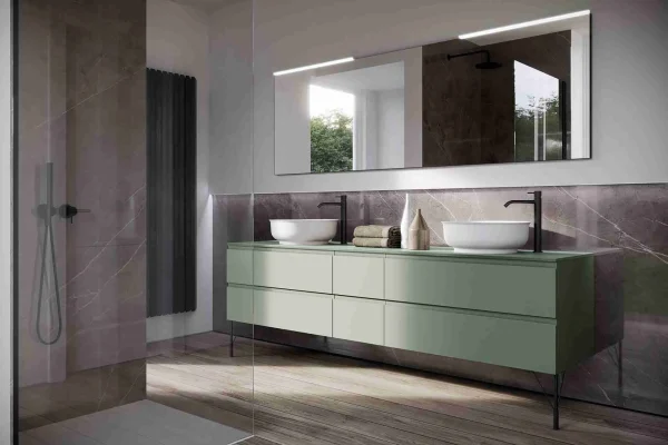 Double vanity sinks for bathrooms with a tall cabinet and mirror cabinet for extra storage