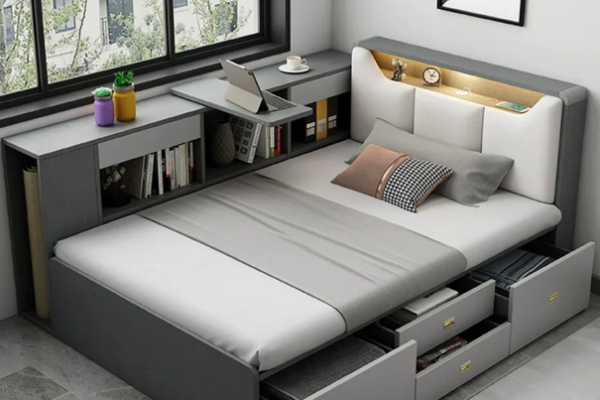 Space-saving multifunctional bed with wardrobe and desk combo, designed for compact city apartments and modern interiors.
