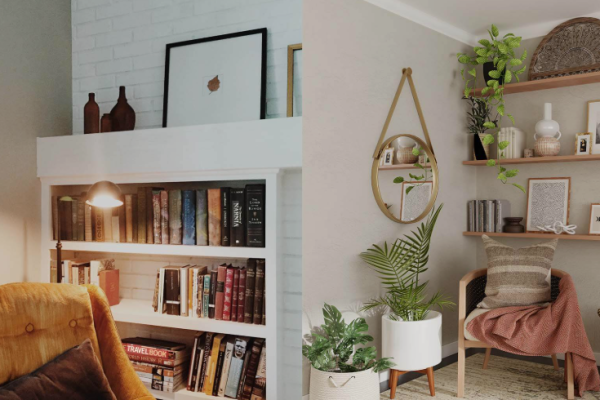 Modern open bookcase and book shelving display in a bright living room styled with books and decor