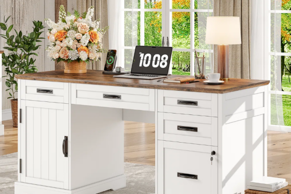 Farmhouse home office desk with charging station and storage, OEM office furniture for Middle East projects