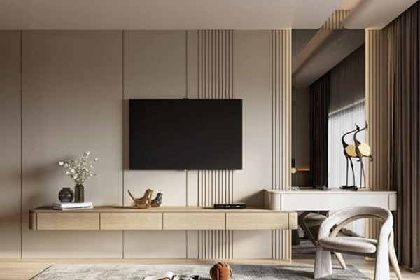 Classic solid wood TV stand in a luxury living room