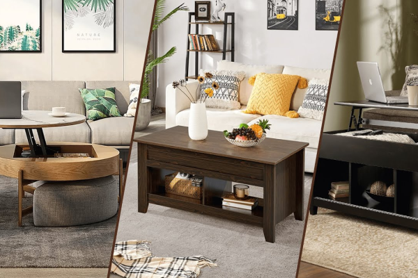 Lift-top living room coffee table with storage showing the lifting mechanism and hidden