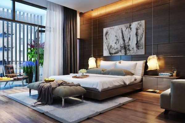 modern apartment bedroom with engineered wood furniture, stylish and space-efficient
