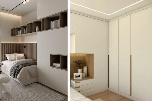 modern bedroom wardrobe closet with sliding doors and wood accents