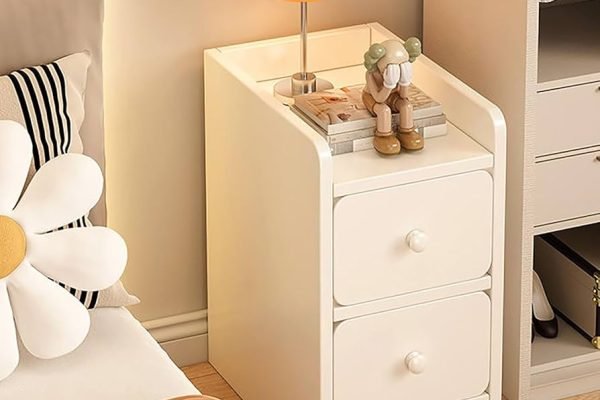 slim modern white night stand with 2 drawers beside bed