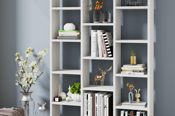 Tall freestanding bookcase with adjustable shelves in a UK living room setting (RTA/flat pack)