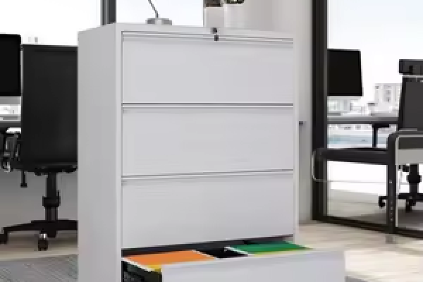 Deep filing drawer on storage filing cabinet tower with soft-close upgrade option