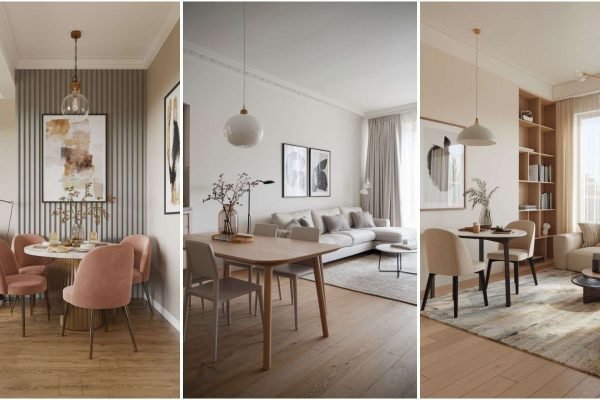 modern dining room furniture set in a small open-plan living and kitchen space