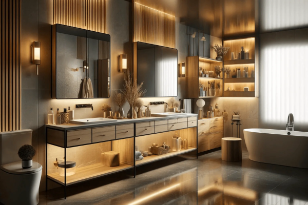 Modern rustic spa-style bathroom with wood floating vanity, dark stone tiles, double vessel sinks, and large window light.