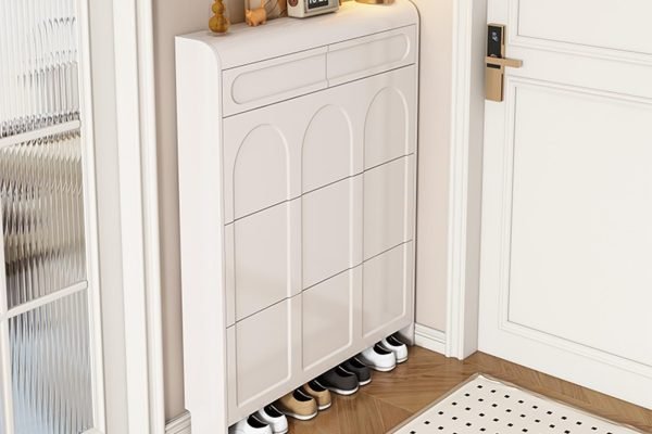 Slim white shoe cabinet with four flip-down doors for narrow entryway storage, modern hallway furniture setup