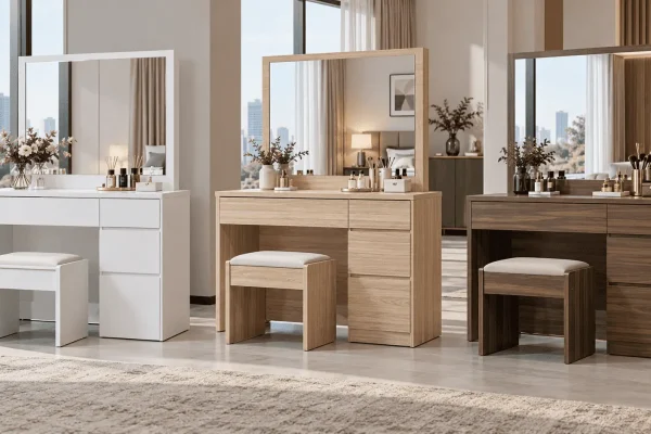 Bulk dressing table supplier showcasing OEM melamine panel vanity tables with mirrors for wholesale buyers