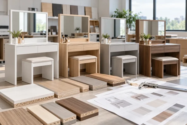 Bulk dressing table supplier OEM vanity designs in melamine-faced panel furniture with mirror and stool