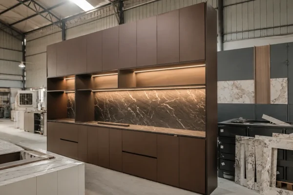 Custom cabinetry manufactured in China for a North American project during factory trial assembly