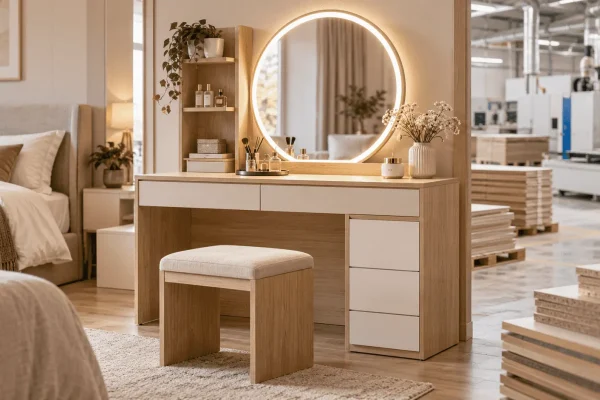 Custom dressing table with LED mirror, storage drawers and stool for OEM/ODM furniture manufacturing