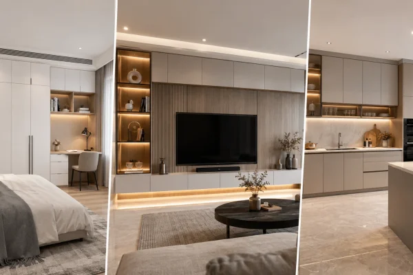 Custom whole-home cabinetry project with wardrobe, TV wall and kitchen cabinets