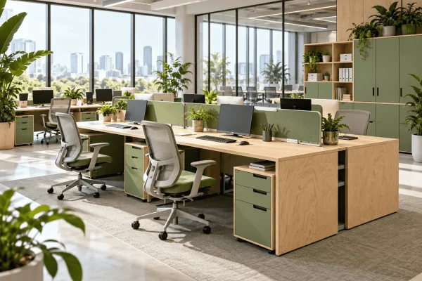 Eco-friendly plywood office furniture with shared desks and green storage in a modern corporate workspace