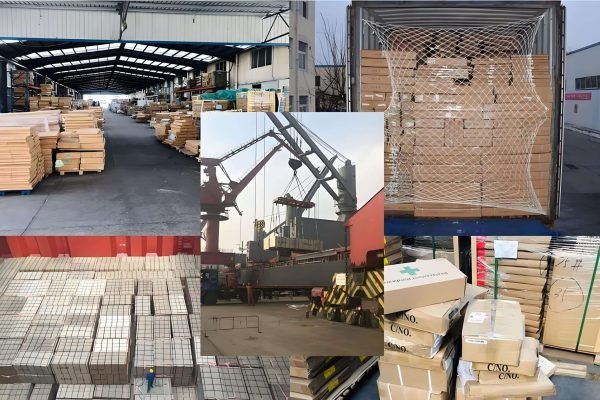 Packed plywood furniture loaded into shipping containers, representing global export operations in 2025.