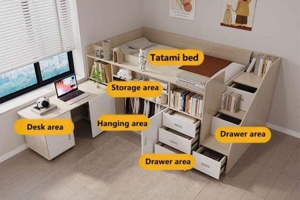 Close-up of the hidden closet built into the multifunctional loft bed, offering space-saving storage solutions for clothes and accessories.