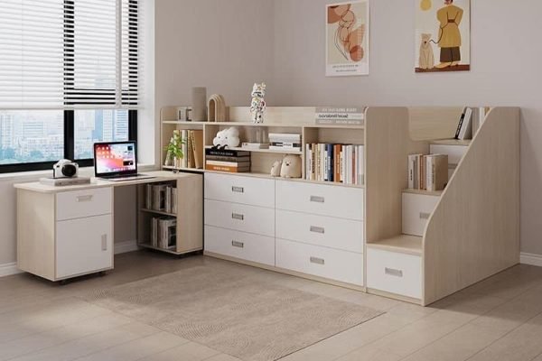 Multifunctional tatami platform bed with hidden storage drawers in a modern bedroom