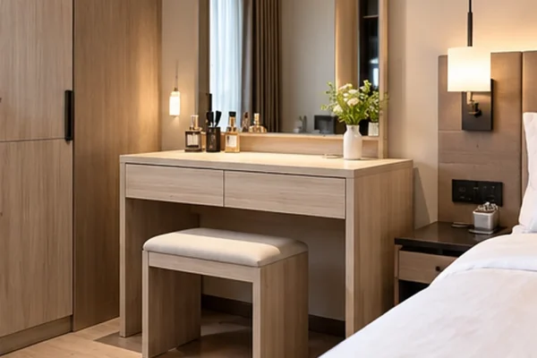 OEM flat pack dressing table with mirror in wood-look engineered panel finish for wholesale furniture buyers