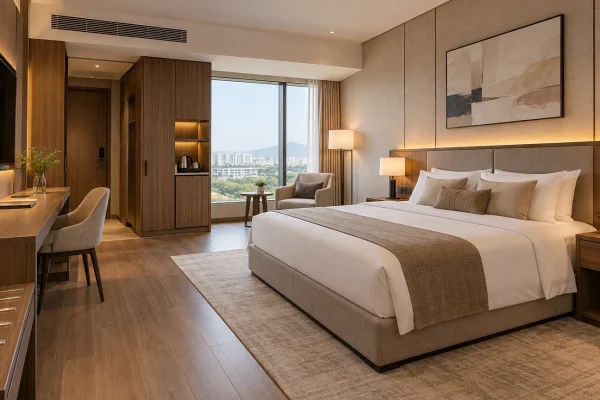 Hotel casegoods manufacturer supplying coordinated wardrobe, desk and bedside furniture for a modern guestroom