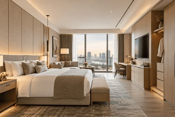 Custom hotel guest room furniture by hotel FF&E supplier featuring wardrobes, desks, cabinets and wood panel furniture