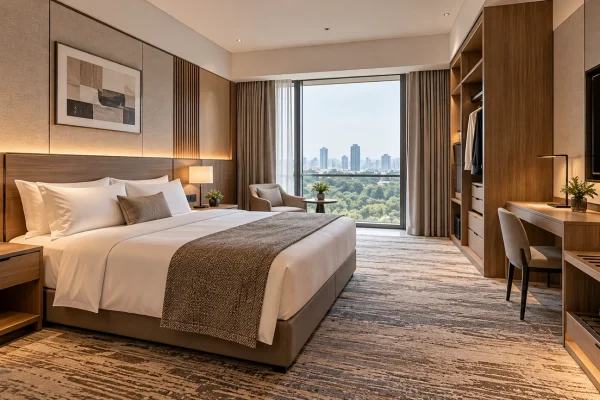 Hotel guest room furniture manufacturer supplying custom wardrobes, bedside cabinets, writing desks and coordinated panel furniture for hospitality projects