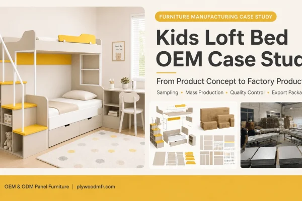 Kids loft bed OEM manufacturing case study showing a space-saving bed with desk, storage, flat-pack components, export packaging and factory production.