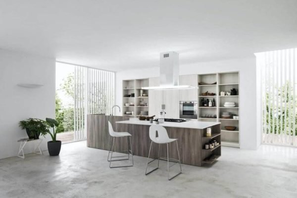 Premium white shaker RTA kitchen cabinets in a modern kitchen.Contemporary handle-less kitchen cabinet design, European E1 standard particle board.
