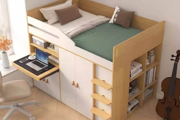 panel bed with storage and sliding wardrobe set for small bedroom