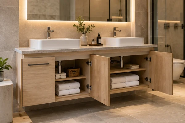 Marine plywood bathroom cabinet with custom drawers and storage for hotel and apartment projects