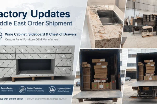 Custom wine cabinets, sideboards and chests of drawers manufactured and loaded for shipment to the Middle East.