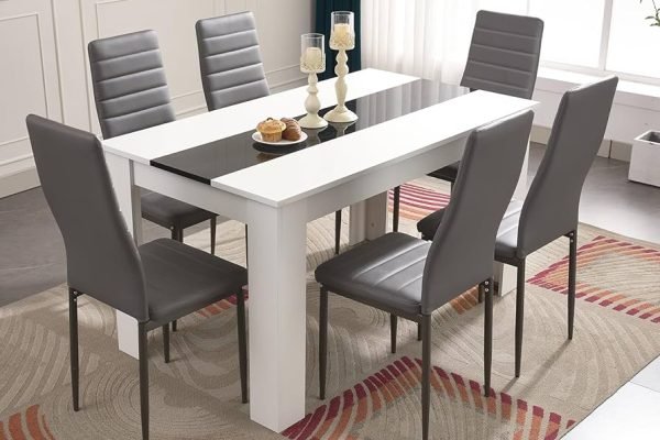 Modern flat-pack dining room furniture set in a bright kitchen and dining room