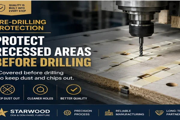 Pre-drilling protection for recessed panel areas before furniture drilling