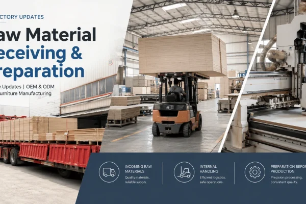 Raw panel materials being delivered, handled by forklift and prepared for panel furniture production
