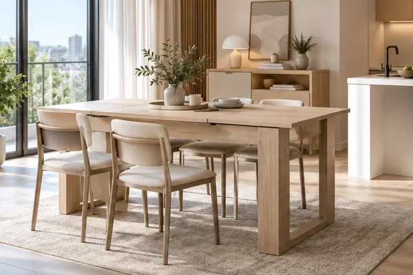 Space saving dining furniture with extendable dining table and chairs for compact apartment interiors
