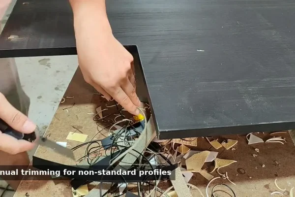 Manual PVC edge finishing on a non-standard panel at an OEM furniture factory