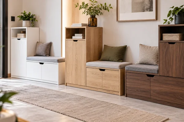 Storage cabinets with built-in seating for small rooms in white oak-look and walnut-look engineered panel finishes