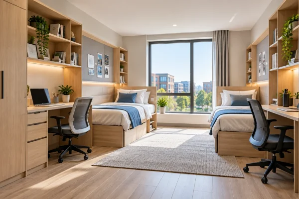 Student housing furniture supplier providing twin dormitory beds, study desks, wardrobes and storage furniture